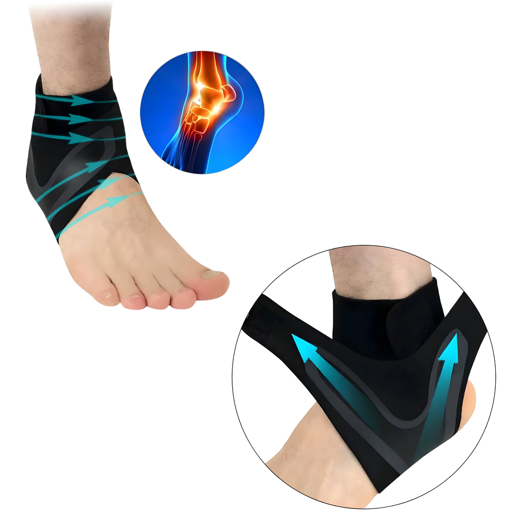 Tobillera de Compresión Deportiva en uso, mostrando soporte y recuperación para el tobillo, ideal para actividades deportivas.